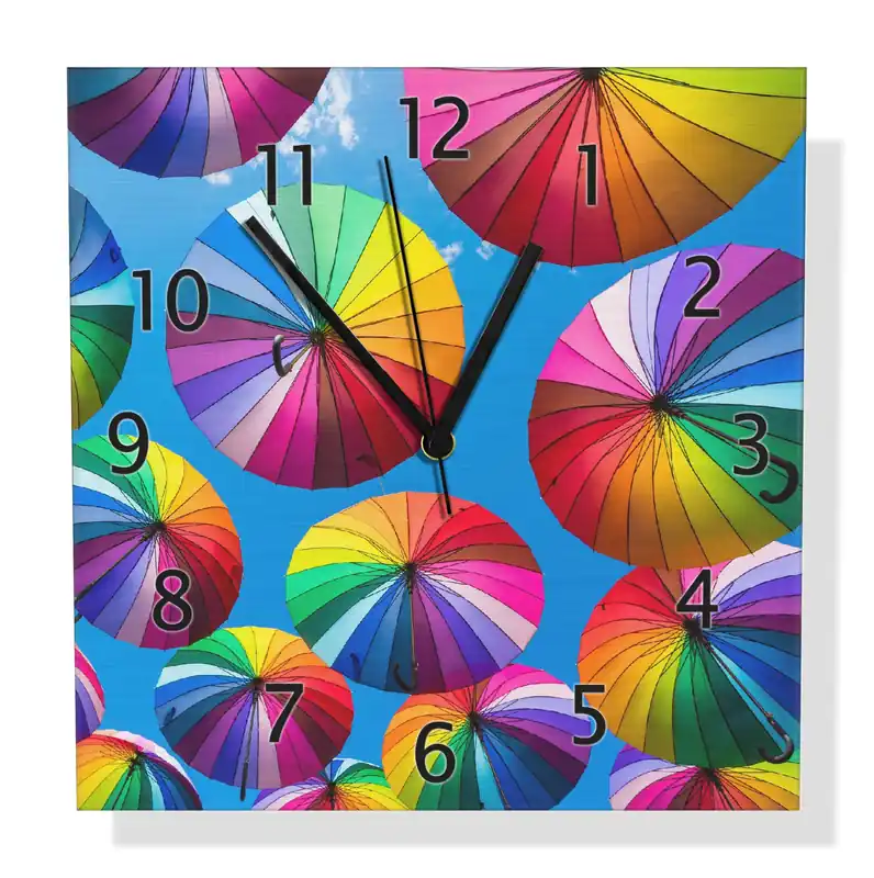 Super-Preis Wanduhr aus Aluverbund Bunte Regenschirme vor blauem Himmel 30 x 30 cm, mit schwarzen Zeigern