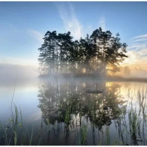 Saisonangebot Poster Stiller See mit Insel im Morgennebel 40 x 50 cm,Poster ohne Rahmen