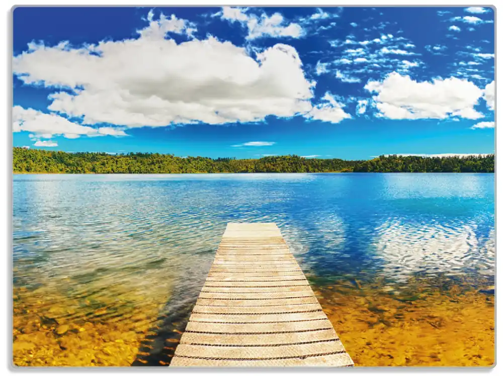 Glasunterlage Klarer See mit Steg - Blauer Himmel 30 x 40 cm Solange Der Vorrat Reicht