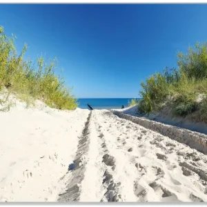 Direktkauf Glasunterlage Auf dem Sandweg zum Strand - Blauer Himmel über dem Meer 30 x 40 cm