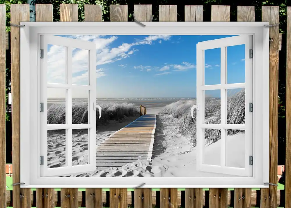 Preiswert Gartenposter Auf dem Holzweg zum Strand in schwarz-weiß Optik ca. 60 x 90 cm
