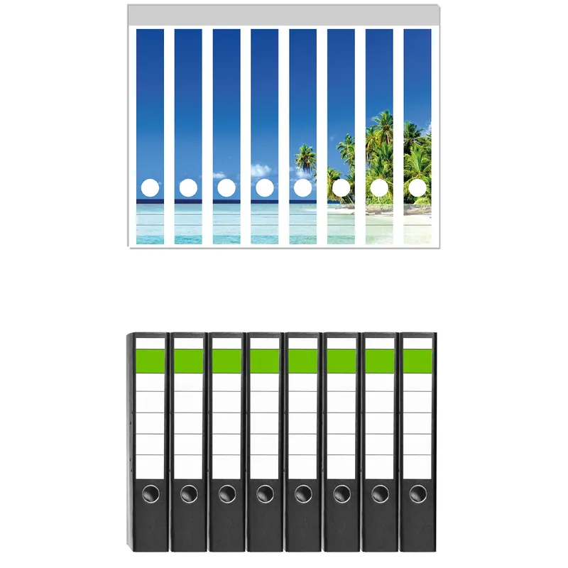 Sonderaktion Ordnerrücken Sticker Blauer Himmel weißer Strand Palmen und das tiefblaue Meer für schmale Ordner, 8 Sticker