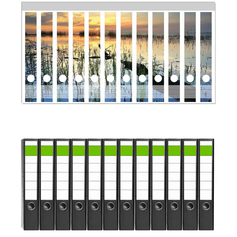 Abverkauf Ordnerrücken Sticker Schilf am Abend - Sonnenuntergang über der Seelandschaft für breite Ordner, 6 Sticker