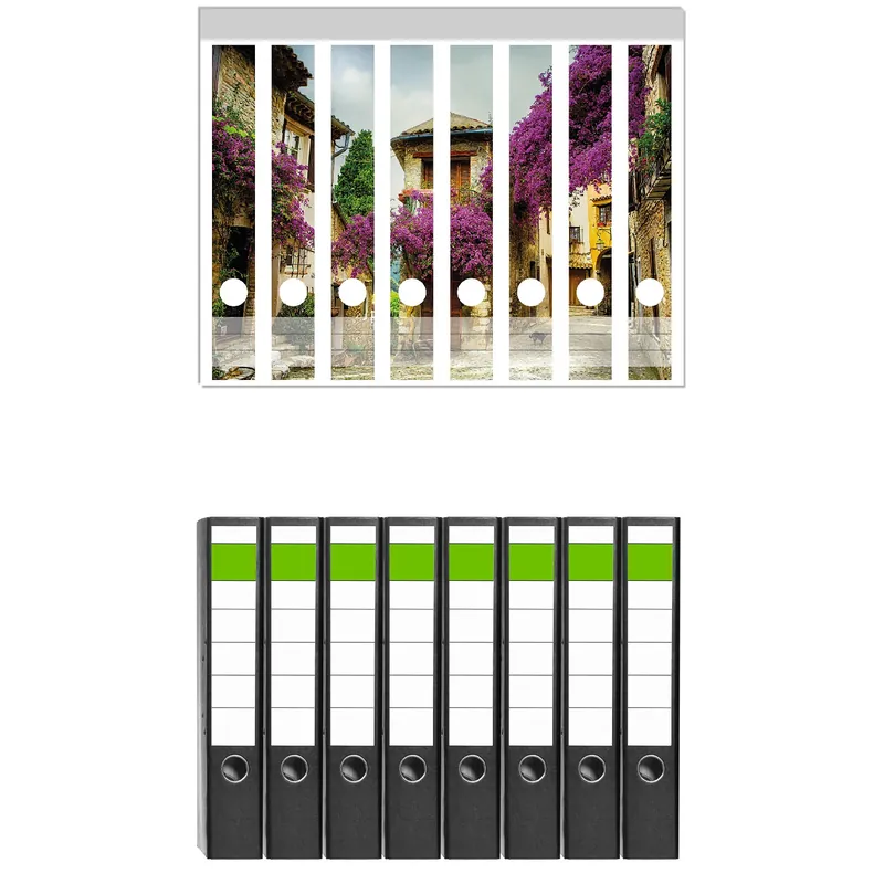 Ordnerrücken Sticker Malerische Stadt in der Provence mit bunten Blumen für schmale Ordner, 8 Sticker Preis Gesenkt