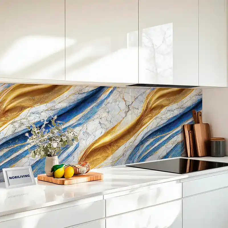 Neu Küchenrückwand Acrylglas Marmor beige-signalblau mit goldfarbigen Einschlüssen 092