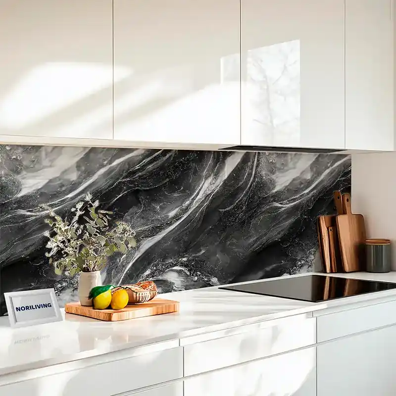 Küchenrückwand Acrylglas Marmor türkisgrün-moosgrün mit goldfarbigen Einschlüssen 098 schwarz-weiß Preisreduziert