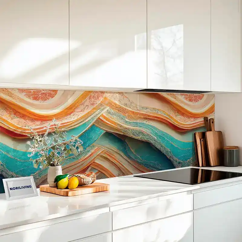 Finale Aktion Küchenrückwand Acrylglas Marmor rosé-orange-helltürkisblau mit Einschlüssen 099
