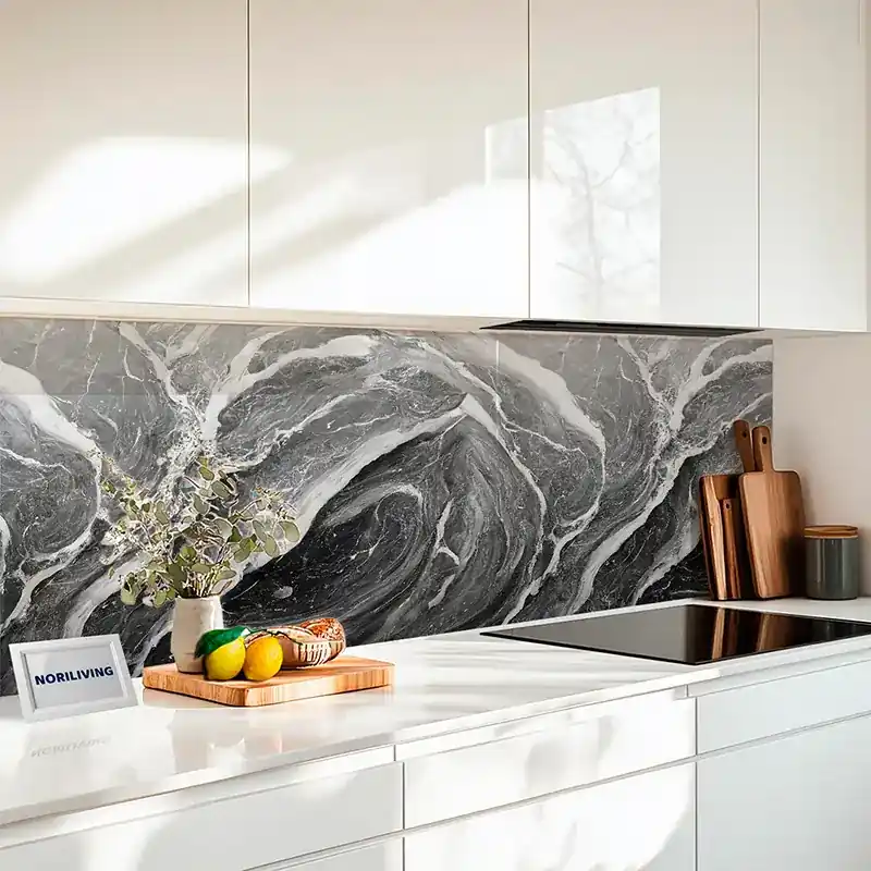 Top-Seller Küchenrückwand Acrylglas Marmorstruktur orange-rotorange und hellgrau 100 schwarz-weiß
