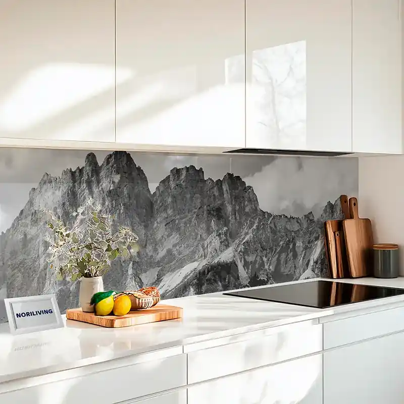Neue Kollektion Küchenrückwand Acrylglas Berglandschaft mit grünen Wiesen 068 schwarz-weiß